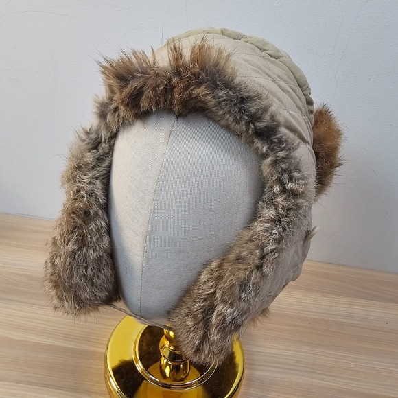 REAL Rabbit Fur Aviator Hat MEDIUM Beige Gray Trapper Bomber Apres‎ Ski Ushanka